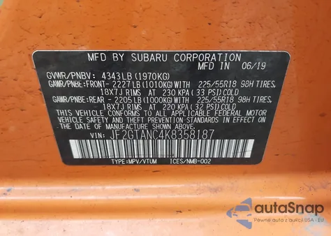 2019 Subaru Crosstrek 2.0I Limited из США, поврежденный, VIN JF2GTANC4K8358187